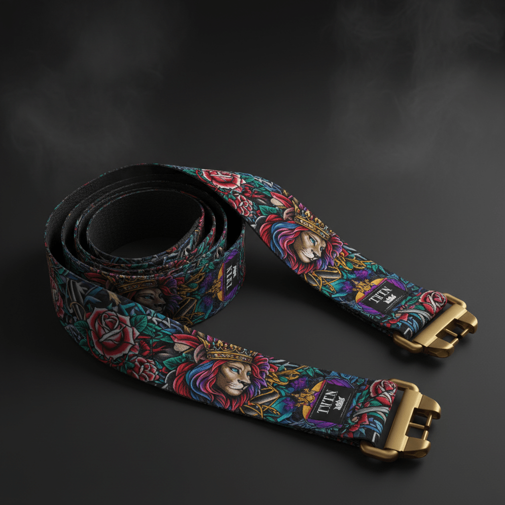 TITAN 8ft yoga strap with colorful lion, crown, and rose graphic print on dark background with gold metal buckles.