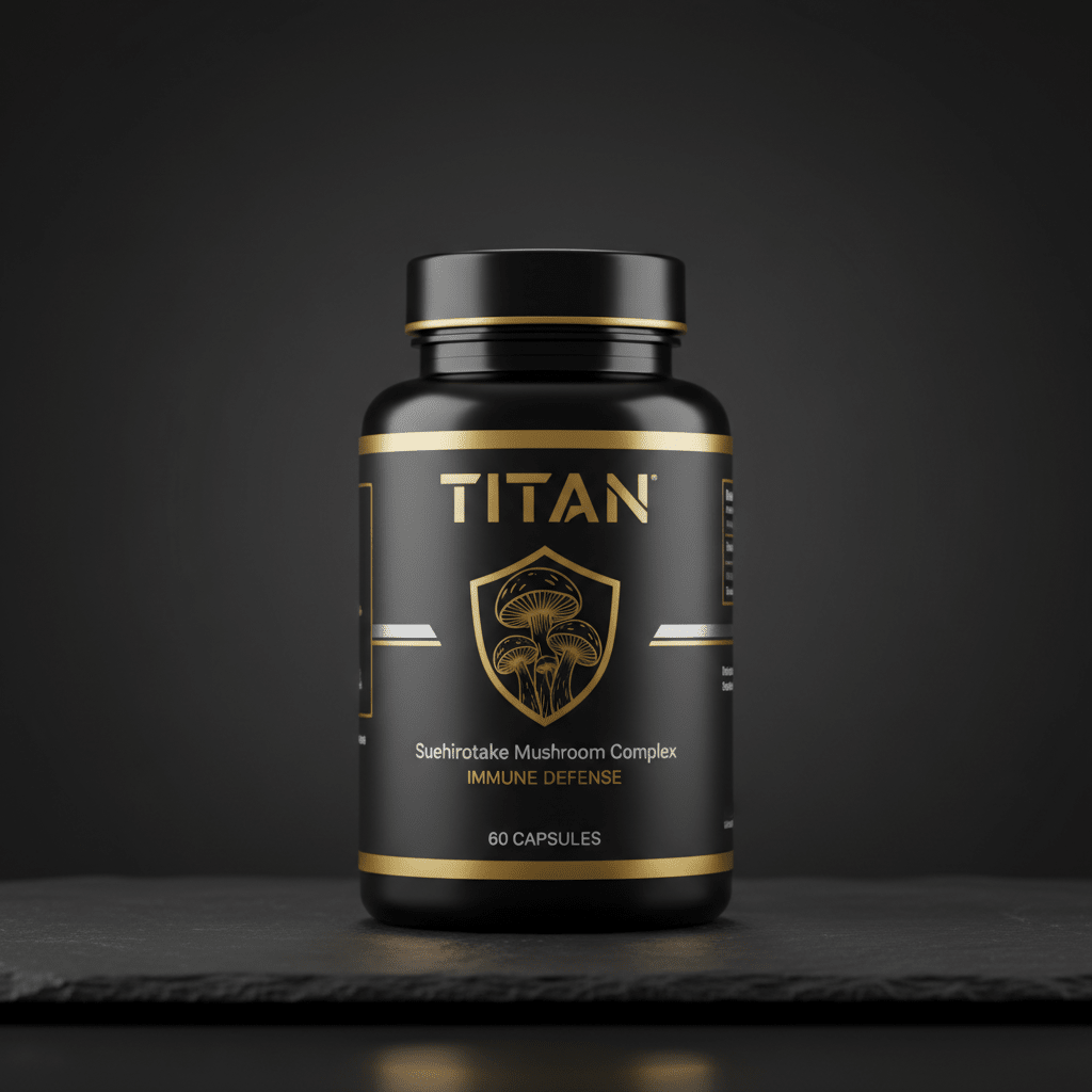 Black bottle with gold text and mushroom shield logo, labeled TITAN Suehirotake Mushroom Complex, on a dark slate base.