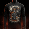 Black long-sleeve tee with graphic of a king, lion, and flames. Text reads "Suffer in silence, excel in public."