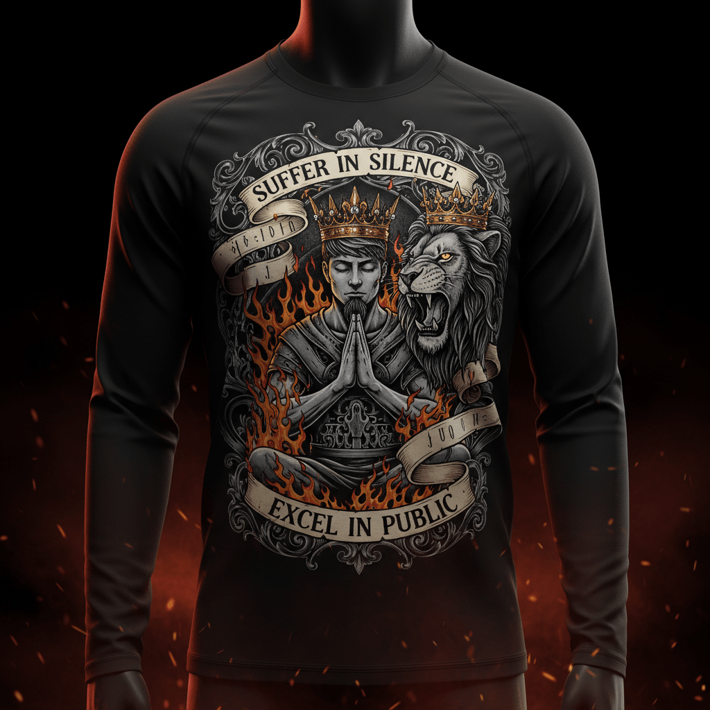 Black long-sleeve tee with graphic of a king, lion, and flames. Text reads "Suffer in silence, excel in public."