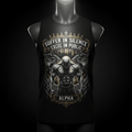 Black tank top featuring a muscular athlete, two wolves, and the motivational text "Suffer in silence, excel in public."