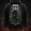 Black hoodie featuring a hooded figure, golden crown, and two lions with the text "Suffer in silence, excel in public."