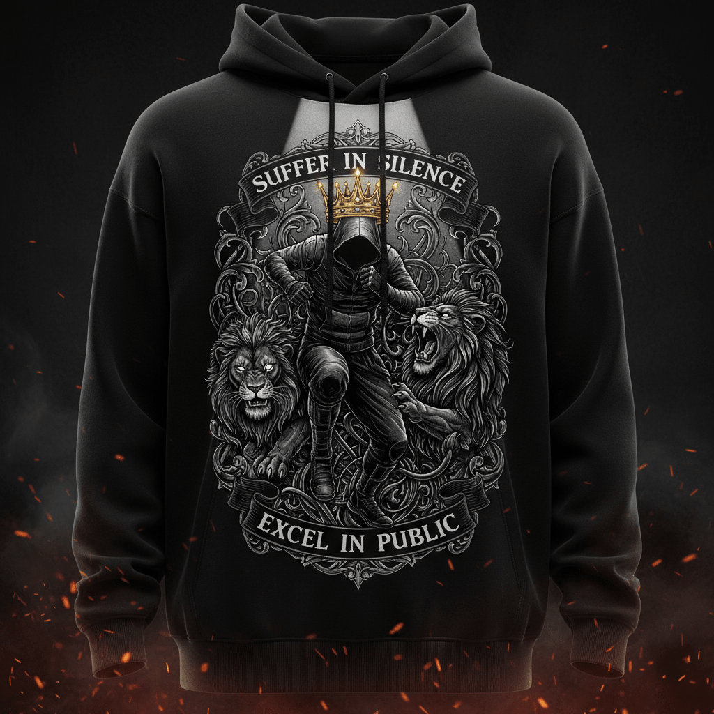 Black hoodie featuring a hooded figure, golden crown, and two lions with the text "Suffer in silence, excel in public."