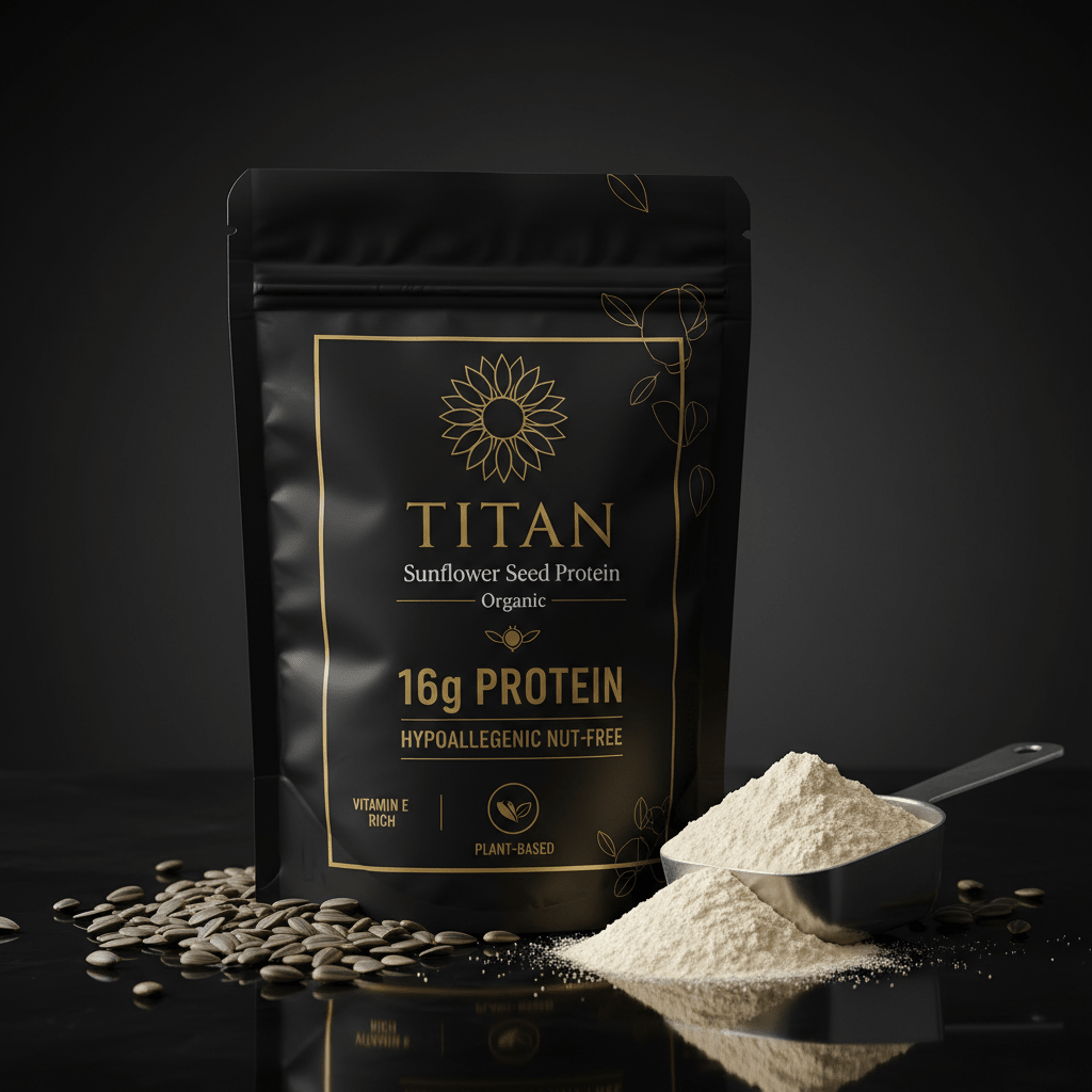 Black Titan organic sunflower seed protein pouch with gold text, flower icon, and scoop of powder on dark surface.