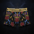 Black boxer briefs with gold, purple crowns, red roses, yellow lightning, and "Supreme Queen Crown Edition" waistband.