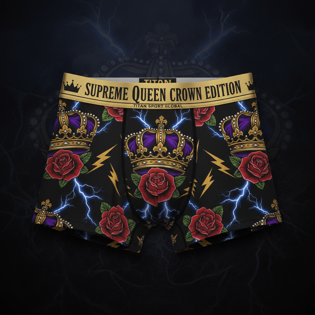 Black boxer briefs with gold, purple crowns, red roses, yellow lightning, and "Supreme Queen Crown Edition" waistband.