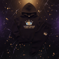 Black kids' jogger set with iridescent crown logo and "TITAN SPORT GLOBAL SWAG LINE" text on a black marble background.