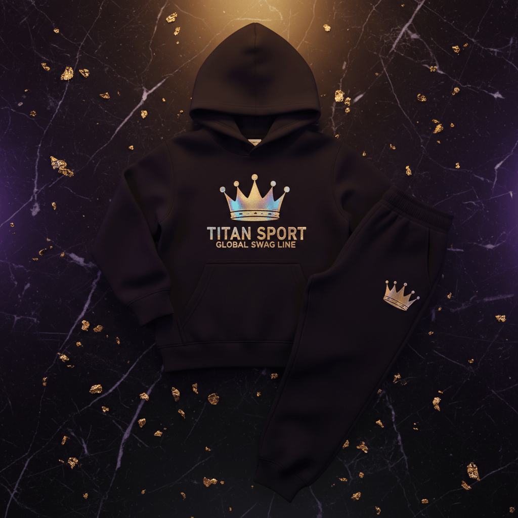 Black kids' jogger set with iridescent crown logo and "TITAN SPORT GLOBAL SWAG LINE" text on a black marble background.