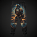 Black lounge pants featuring a majestic armored eagle, coastal village, sunset, and dhow boats in a vivid design.