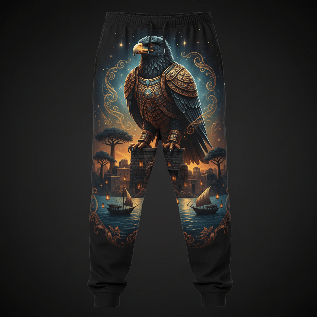 Black lounge pants featuring a majestic armored eagle, coastal village, sunset, and dhow boats in a vivid design.