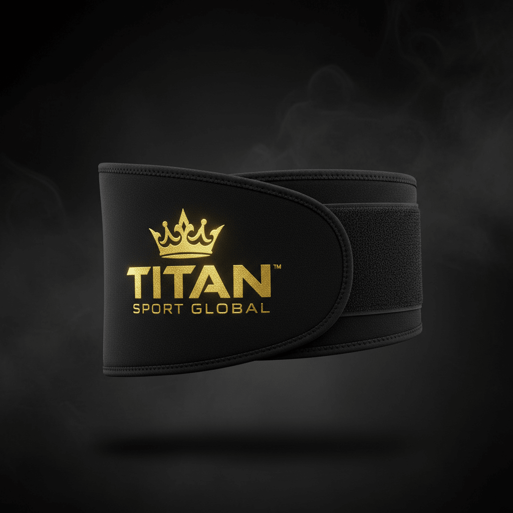 Black sweat belt with gold "TITAN SPORT GLOBAL" logo and crown icon, featuring a textured wrap-around design.