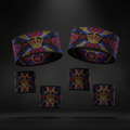 TITAN sweatband set featuring two headbands and four wristbands in black with a gold crown and red/blue sunburst design.