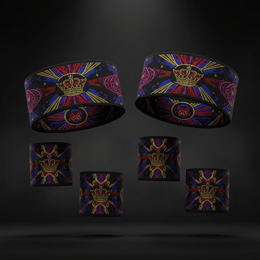 TITAN sweatband set featuring two headbands and four wristbands in black with a gold crown and red/blue sunburst design.