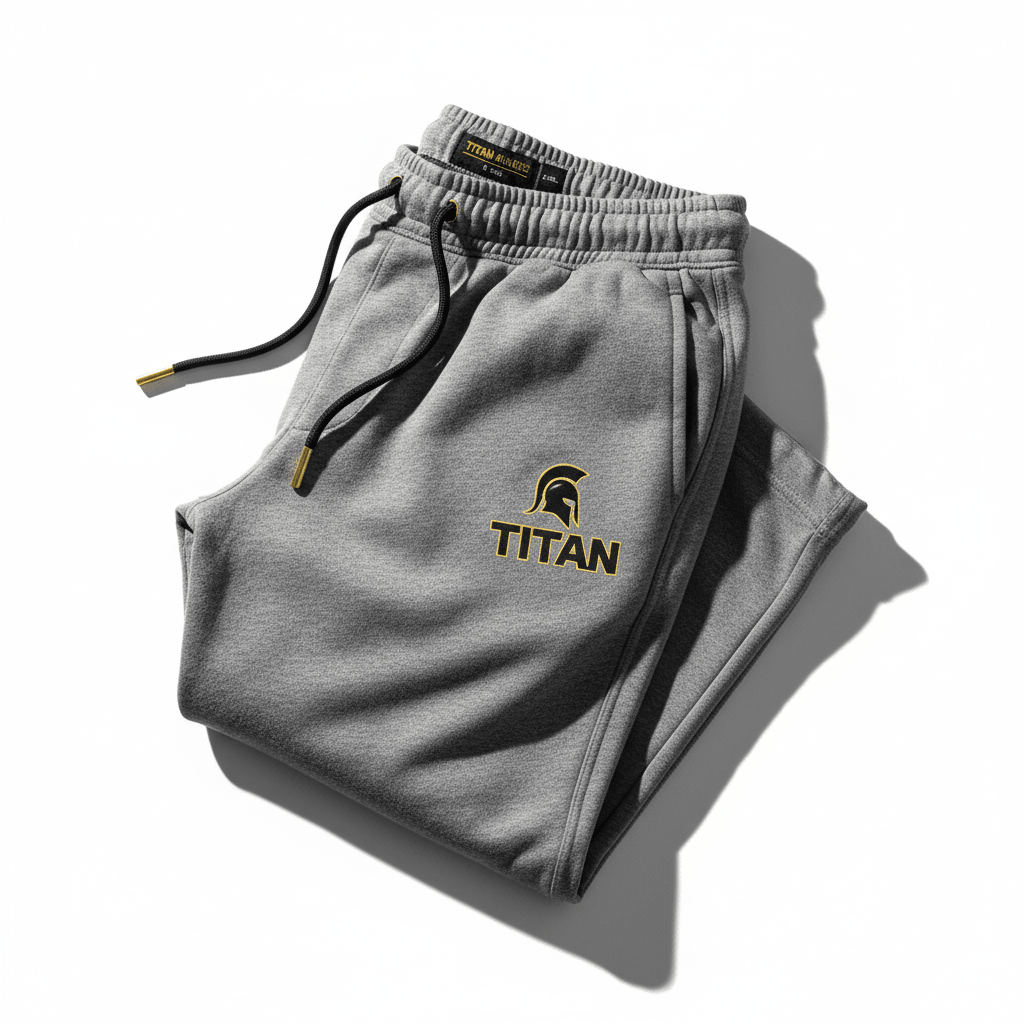 Gray heathered TITAN sweatpants with black drawstring, gold-tipped aglets, and a black and gold Spartan logo.