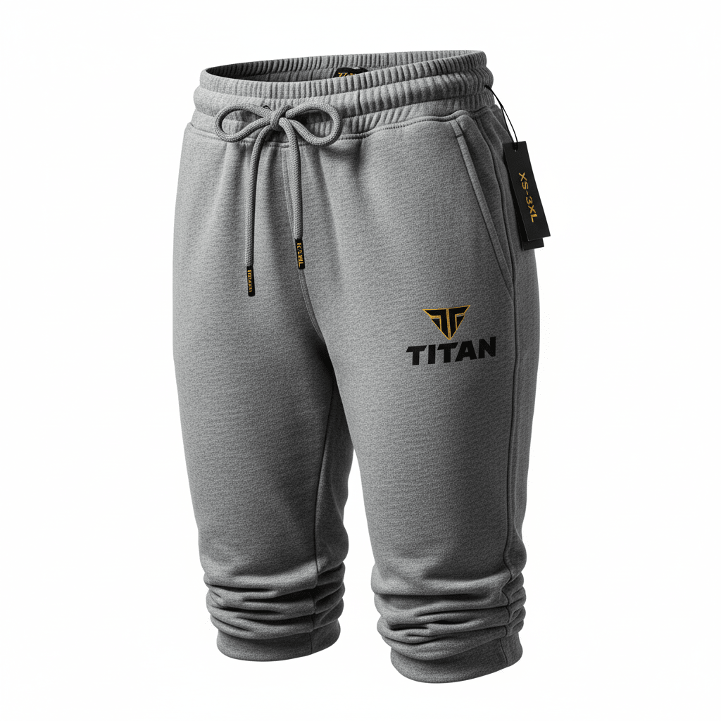 Gray TITAN sweatpants with a drawstring waist, cuffed hems, and a black and gold TITAN logo on the left leg.