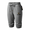 Gray TITAN sweatpants with a drawstring waist, cuffed hems, and a black and gold TITAN logo on the left leg.