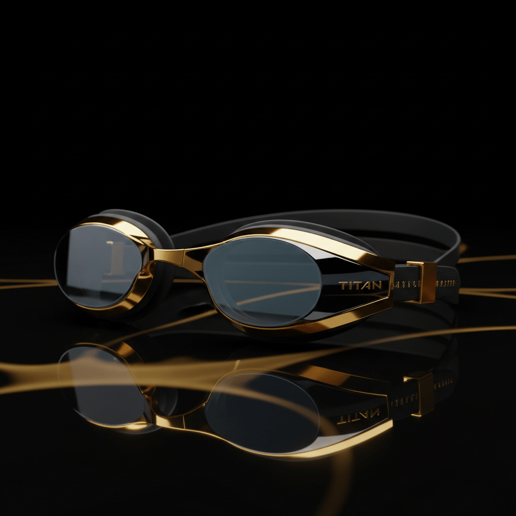TITAN competition swimming goggles featuring sleek black frames with metallic gold accents and dark anti-fog lenses.