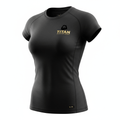 Women's black performance T-shirt with gold Titan logo on chest and XS-3XL size label at bottom hem.