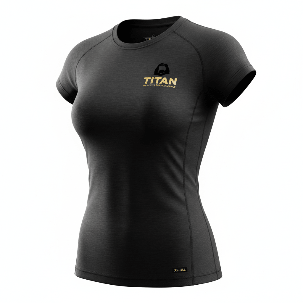 Women's black performance T-shirt with gold Titan logo on chest and XS-3XL size label at bottom hem.