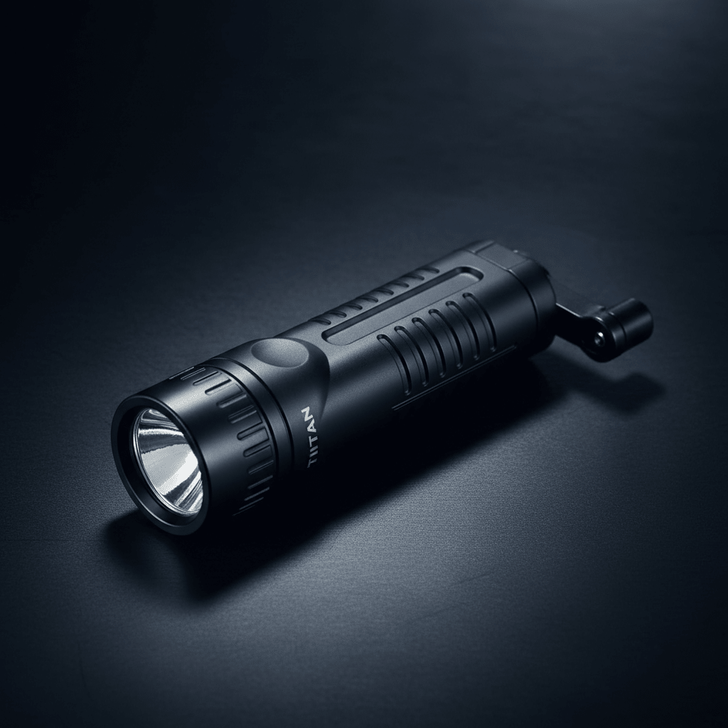 Matte black TITAN tactical dynamo torch with grooved grip, folding hand-crank, and gold logo on a dark background.