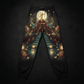 Black lounge pants featuring a Tang Empress Phoenix print, lanterns, peonies, butterflies, and a full moon.