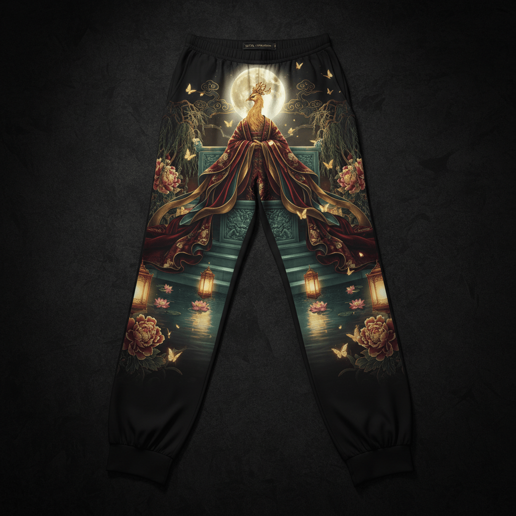Black lounge pants featuring a Tang Empress Phoenix print, lanterns, peonies, butterflies, and a full moon.