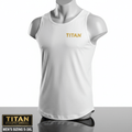 Men’s white muscle fit tank top with a gold TITAN logo on the chest, modeled on a mannequin.