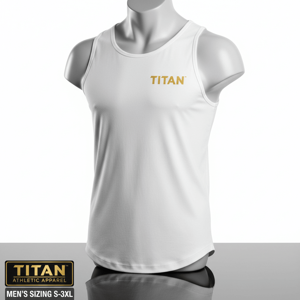 Men’s white muscle fit tank top with a gold TITAN logo on the chest, modeled on a mannequin.