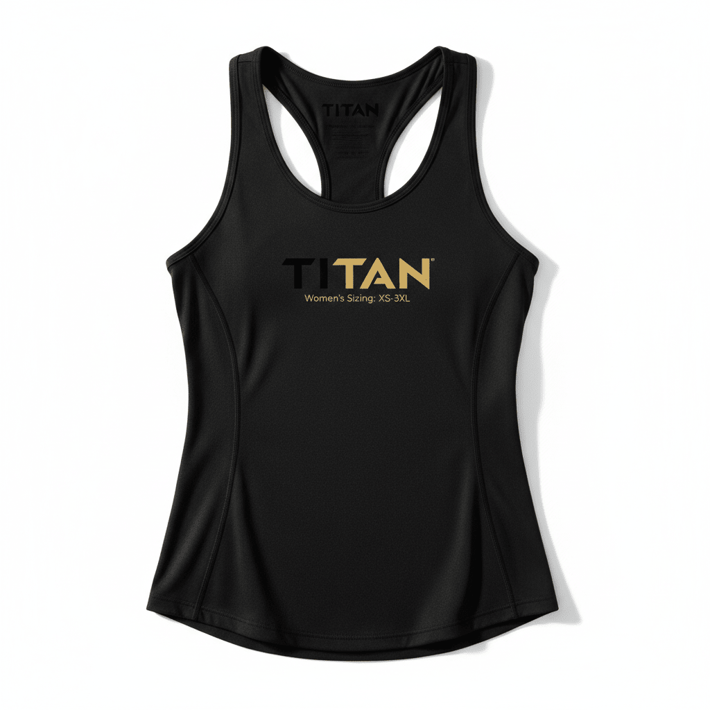 Black women's racerback tank top featuring a black and gold TITAN logo centered on the chest.