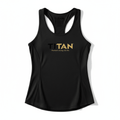 Black women's racerback tank top featuring a black and gold TITAN logo centered on the chest.
