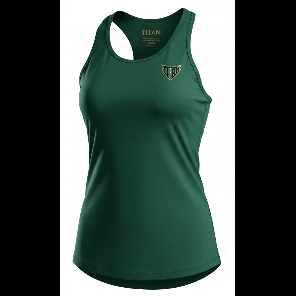 Women's forest green racerback tank top featuring a small metallic gold and teal TITAN logo on the upper chest.