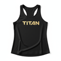 Black racerback tank top featuring a metallic gold "TITAN" logo printed across the center chest.