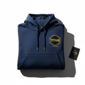 Navy hoodie with a gold TITAN circular logo on the chest, matching drawstrings, kangaroo pocket, and product tag.