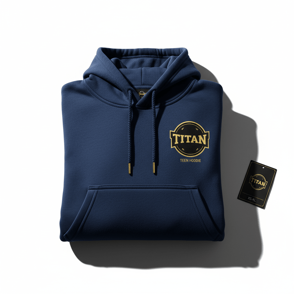 Navy hoodie with a gold TITAN circular logo on the chest, matching drawstrings, kangaroo pocket, and product tag.