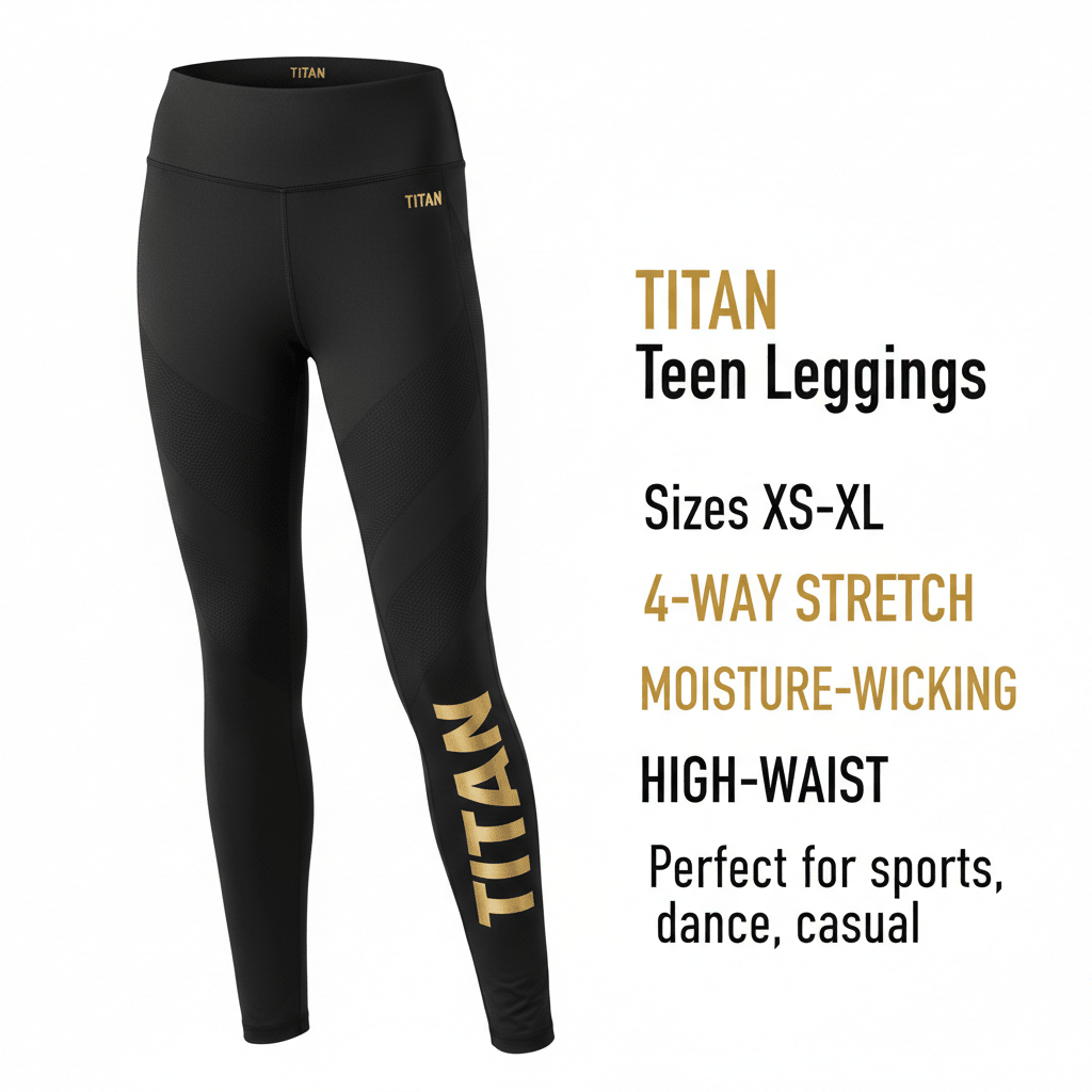 Black high-waist Titan teen leggings with gold branding, textured side panels, and moisture-wicking stretch fabric.