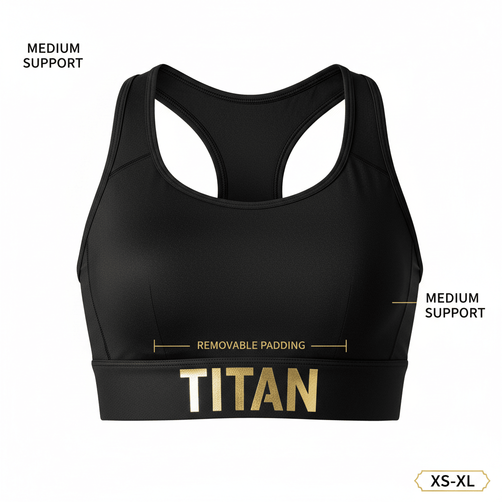 Black racerback sports bra with gold "TITAN" logo on elastic band, removable padding, and medium support labels.