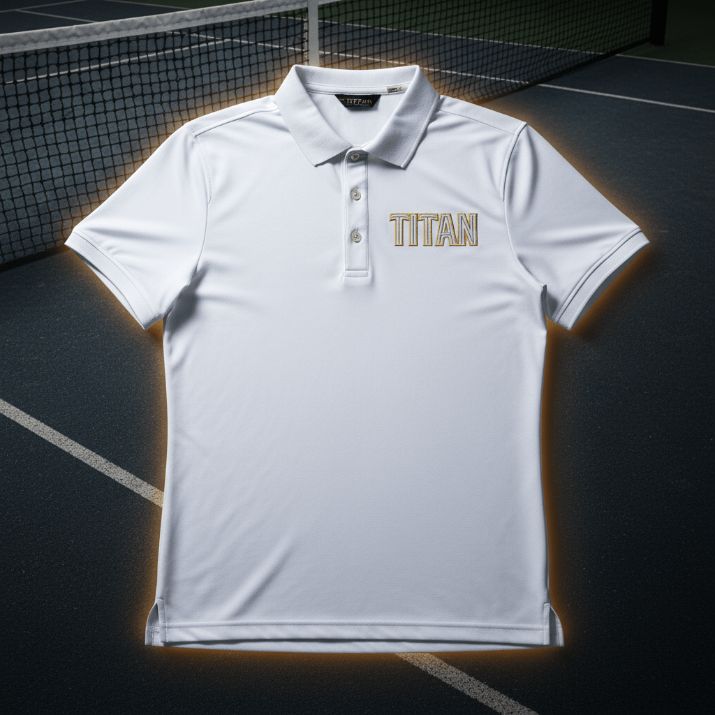 White performance tennis polo with a button placket and gold "TITAN" logo on a tennis court background.