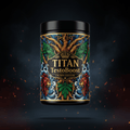Black supplement tub featuring "TITAN TestoBoost" label, lion art, ornate tree motifs, and gold lettering on dark smoke.