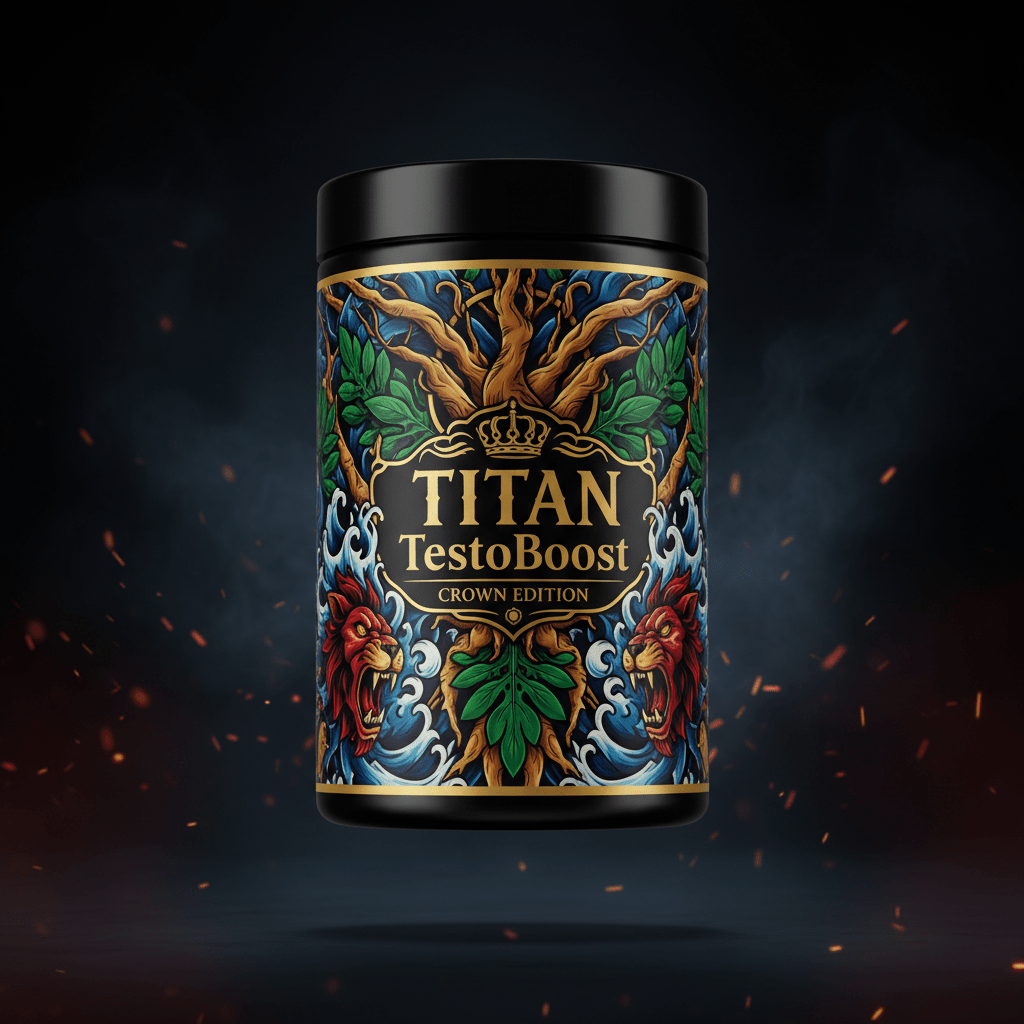Black supplement tub featuring "TITAN TestoBoost" label, lion art, ornate tree motifs, and gold lettering on dark smoke.