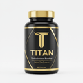 Black bottle with gold cap, "TITAN" logo, and "Testosterone Booster" text inside a gold geometric frame. 90 capsules.