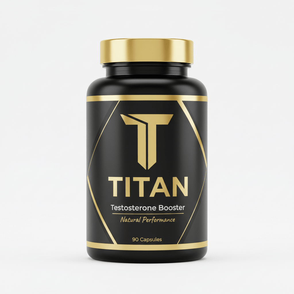 Black bottle with gold cap, "TITAN" logo, and "Testosterone Booster" text inside a gold geometric frame. 90 capsules.