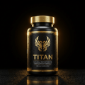 Black supplement bottle with gold lid, logo, and text "TITAN" on a black label with water droplets, studio lighting.