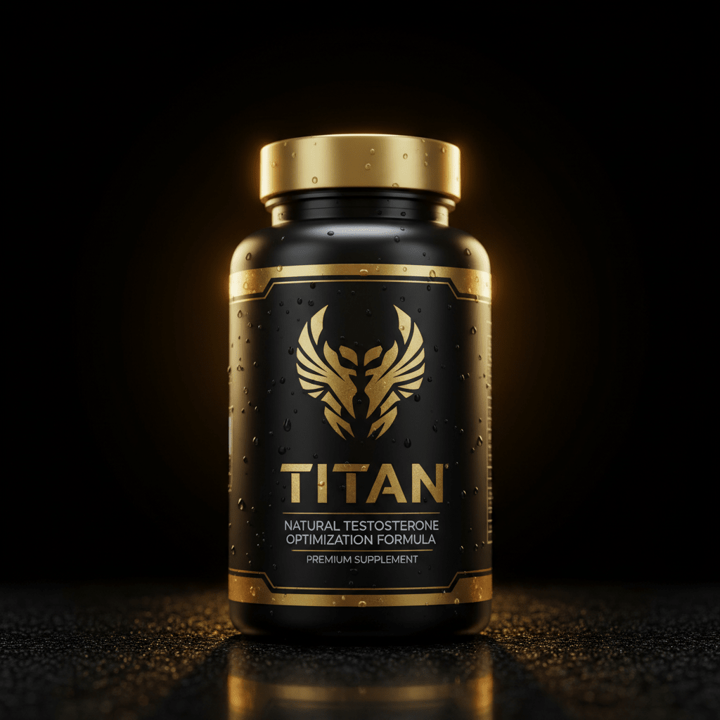 Black supplement bottle with gold lid, logo, and text "TITAN" on a black label with water droplets, studio lighting.