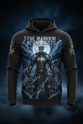 Black hoodie featuring a crown-wearing warrior, wolves, lightning, and "The Warrior Never Rests" motivational text.