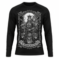 Black long-sleeve performance shirt featuring a warrior, wolf, owl, and "The Warrior Never Rests" motivational print.