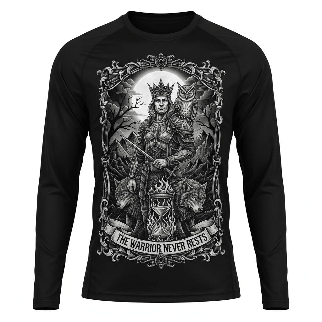 Black long-sleeve performance shirt featuring a warrior, wolf, owl, and "The Warrior Never Rests" motivational print.