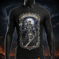 Black t-shirt featuring a warrior, owl, wolves, and "The Warrior Never Rests" graphic in an ornate frame.