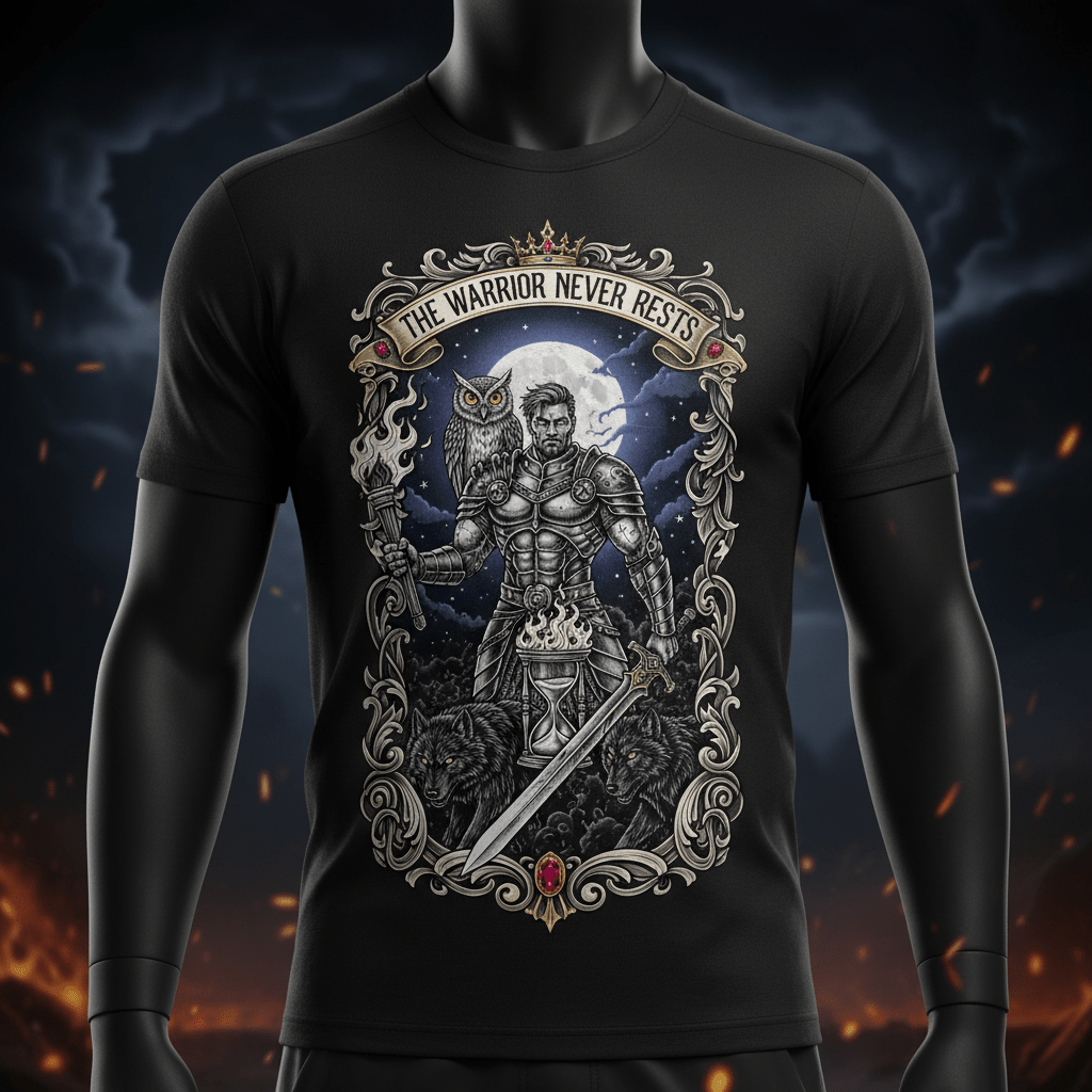 Black t-shirt featuring a warrior, owl, wolves, and "The Warrior Never Rests" graphic in an ornate frame.