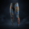 Black Titan ThermoFit thermal running tights featuring gold crown, blue flames, snowflake, and ornate tattoo-style art.