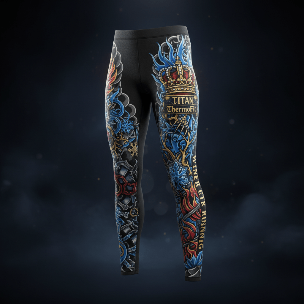 Black Titan ThermoFit thermal running tights featuring gold crown, blue flames, snowflake, and ornate tattoo-style art.